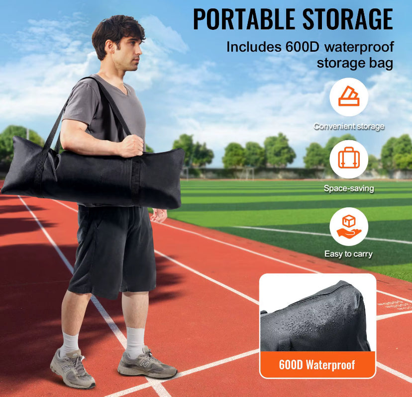 A man carrying a large black portable storage bag on his shoulder while walking on an athletic track field. The image includes promotional text reading 'PORTABLE STORAGE' and 'Includes 600D waterproof storage bag,' plus feature icons and a close-up inset showing the bag's waterproof texture.