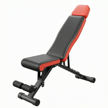 Adjustable weight bench with a black padded seat and backrest, accented by red side panels and a red headrest, shown on a plain white background.