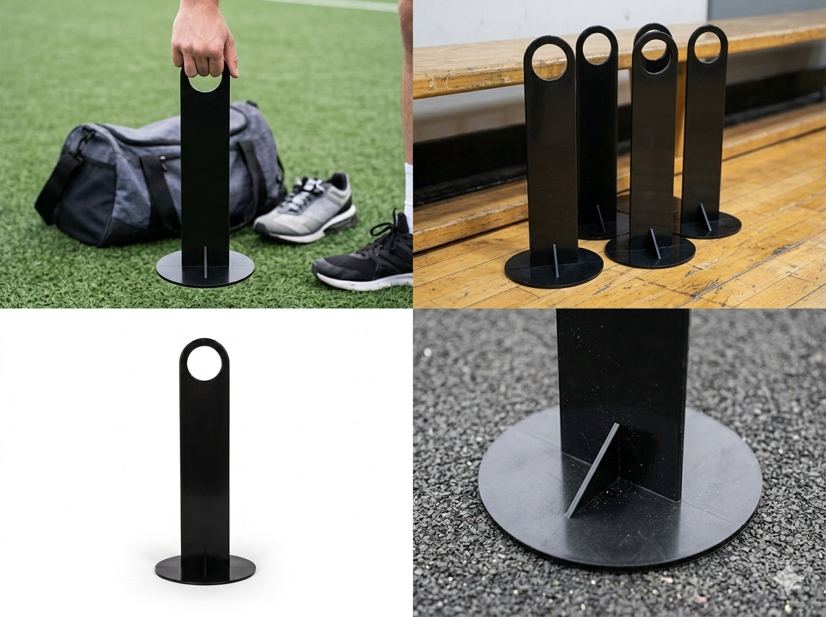 A four-panel collage showing a black metal post with a circular loop at the top and a round base, used as a barrier or divider. The panels show the post on artificial turf next to a bag and shoes, standing on a wooden deck, isolated on a white background, and close-up on asphalt.
