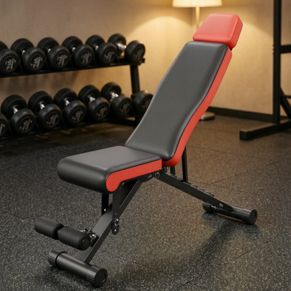 Adjustable weight bench with a black and red padded frame, positioned in a gym setting with dumbbells visible in the background.