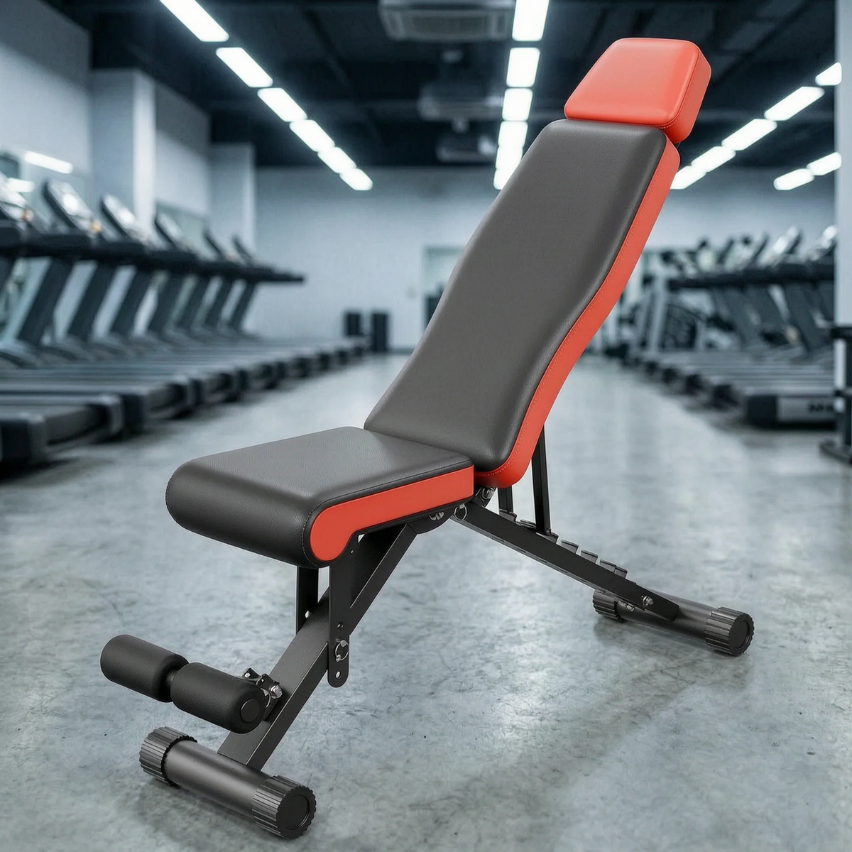 Adjustable weight bench with black and red padded upholstery, shown in a gym setting with treadmills blurred in the background.