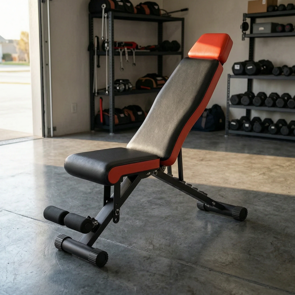 Adjustable weight bench with black and red padding, positioned in a garage gym setting with dumbbells and storage shelves visible in the background.