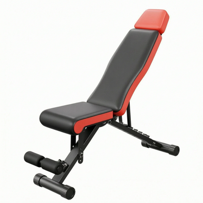Adjustable weight bench with a black padded seat and backrest, accented by red side panels and a red headrest, shown on a plain white background.